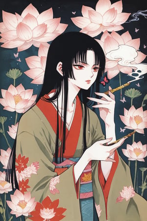 score_9,score_8_up,score_7_up,masterpiece,best quality,
xxxHOLiC,
Ichihara Yuko,1girl,black hair,solo,japanese clothes,kiseru,smoking pipe,red eyes,bug,butterfly,long hair,kimono,flower,smoke,pale skin,lotus,traditional media,
,
