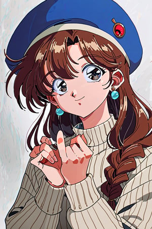 score_9,score_8_up,score_7_up,masterpiece,best quality,
hrn_yc Style,
1girl,solo,brown hair,jewelry,earrings,hat,sweater,upper body,smile,long hair,braid,blue headwear,looking at viewer,long sleeves,beret,retro artstyle,ribbed sweater,
,