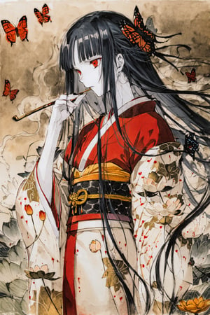 score_9,score_8_up,score_7_up,masterpiece,best quality,
xxxHOLiC,
Ichihara Yuko,1girl,black hair,solo,japanese clothes,kiseru,smoking pipe,red eyes,bug,butterfly,long hair,kimono,flower,smoke,pale skin,lotus,traditional media,
,
