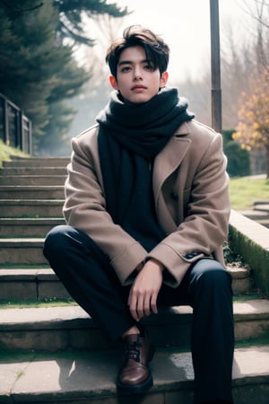 solo, looking at viewer, short hair, 1boy, sitting, jacket, male focus, outdoors, pants, scarf, tree, coat, stairs, realistic, winter clothes, winter