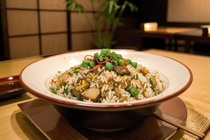 centered, photography, analog, | fried rice bowl dish, food photo, restaurant, table, japanese restaurant, | depth of field, bokeh,