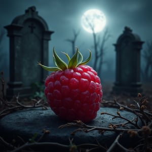 A macabre delight: a succulent raspberry, its plump flesh glistening in the eerie moonlight, surrounded by withered vines and crumbling gravestones. The berry's sweetness seems to seep into the atmosphere, drawing in the spirits of All Hallows' Eve.