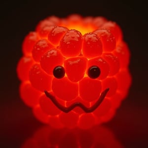 A close-up shot of a ripe raspberry, bathed in warm orange light, takes on an eerie resemblance to a glowing Halloween pumpkin. The fruit's glossy surface glistens with dew-like moisture, as if infused with an otherworldly energy. Two small, dark pupils and a thin, crimson-lipped mouth seem carved into its tender flesh, giving the impression of a mischievous, candy-filled jack-o'-lantern come to life.