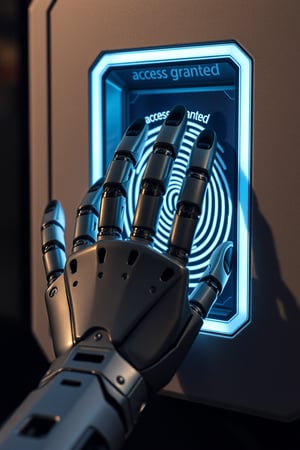 A close-up shot of a robot's mechanical hand attempting to bypass a futuristic fingerprint scanner. The robotic fingers are carefully manipulated to mimic human-like movements, as if trying to trick the system. The scanner's sleek and modern design provides a contrast to the gritty, metallic tone of the robot's arm. Shadows cast by the scanner's LED lights illuminate the successful breach as words "access granted" showing on the screen.