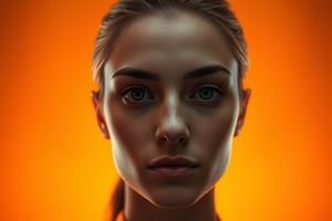 Capture a warm-hued symmetrical background with gentle gradient transitioning from golden yellow at the center to deep orange towards the edges, creating a cozy and inviting atmosphere. Soft focus on the subject's face, with subtle shadows and highlights accentuating their features.