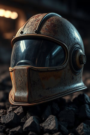 A close-up shot of a worn-out industrial-style helmet standing on an iron ore. The helmet's surface is pitted and corroded, with scratches and scuffs giving away its age and wear. The visor glistens in the dimly lit environment, casting an eerie glow on the surrounding surfaces.