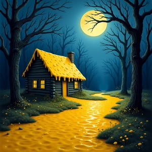 Moonlit Whimsy: A mysterious scene unfolds under a radiant full moon, casting an ethereal glow on a lonely, rustic cabin. The structure is inexplicably smothered in a thick layer of melted cheese, which stretches outwards like a golden tide across the dark forest floor. Yellow and blue hues dance across the canvas as the cheese glistens with dew, while the surrounding treetops loom ominously in shades of indigo, their branches twisted into gnarled, ancient shapes.