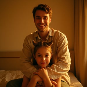 A warm, golden-lit family portrait features an 'angelic' man embracing a 'demonic' girl from behind. The man stands tall, his smiling face radiating joy as he wraps his arms around the seated demon girl. Her piercing red eyes gaze directly into the camera lens, her mischievous grin hinting at her playful nature. Soft, natural light illuminates their intertwined figures, casting a cozy glow on the warm-toned background.