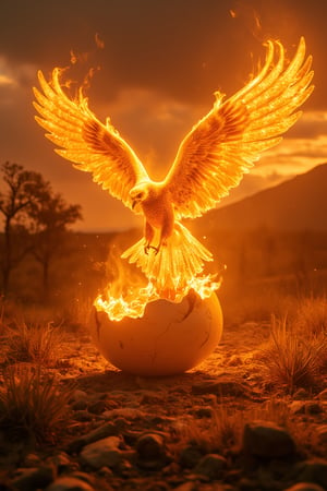 A fiery inferno engulfs the vast, open plains as the majestic Phoenix rises from a cracked eggshell. Its radiant plumage glows like molten lava, casting a warm, golden light upon the scorched earth. The once-green grasses now smolder, and trees crackle with intense heat as the bird's wings beat fiercely, unleashing a torrent of flames that consume everything in their path.