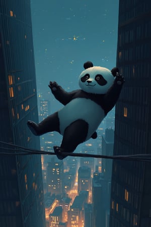 A panda doll performing a high-wire act between skyscrapers, city lights twinkling far below.
,anime art of panda