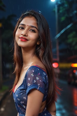 A young & attractive bengali girl, sexy_look, red_lips, long_hair, indian_style, smiling face, red short_sleeves, blurry_background, close up face, shy, night time, Cinematic lighting, neon light, Roadside, rainy weather, ultra realistic, 8k