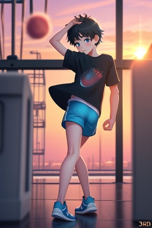 A 6 year old boy kid, black short_hair, innocent face with fluffy  expression, slighty_chubby, big_eyes with glass, blue colored short_sleeves, short_pant, very shy, back home from playground, cinematic light, sunset golden hour, blurry_background, depth_of_field, full_body, 3d, ultra 8k