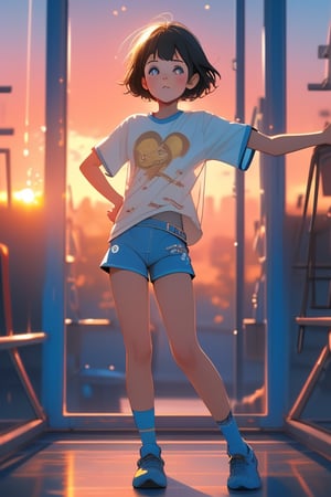 A 6 year old girl kid, black short_hair, innocent face with fluffy  expression, big_eyes with glass, blue colored short_sleeves, short_pant, very shy, back home from playground, cinematic light, sunset golden hour, blurry_background, depth_of_field, full_body, 3d, ultra 8k