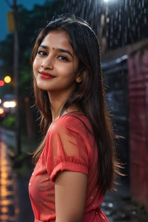 A young & attractive bengali girl, sexy_look, red_lips, long_hair, indian_style, smiling face, red short_sleeves, blurry_background, close up face, shy, night time, Cinematic lighting, neon light, Roadside, rainy weather, ultra realistic, 8k