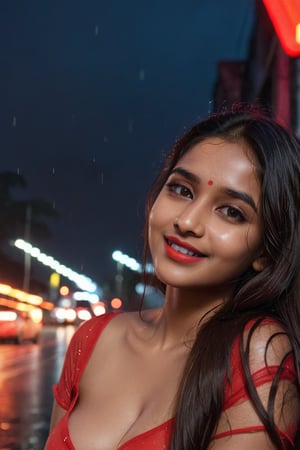 A young & attractive bengali girl, sexy_look, red_lips, long_hair, indian_style, smiling face, red short_sleeves, blurry_background, close up face, shy, night time, Cinematic lighting, neon light, Roadside, rainy weather, ultra realistic, 8k