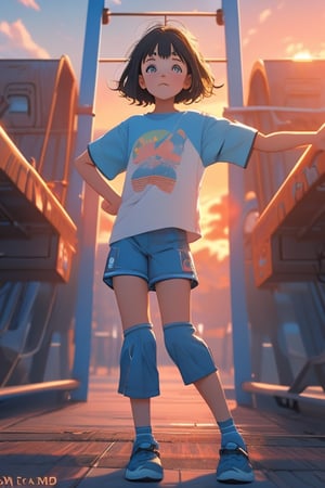 A 6 year old girl kid, black short_hair, innocent face with fluffy  expression, blue colored short_sleeves, short_pant, very shy, back home from playground, cinematic light, sunset golden hour, blurry_background, depth_of_field, full_body, 3d, ultra 8k