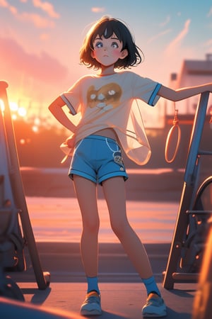 A 6 year old girl kid, black short_hair, innocent face with fluffy  expression, big_eyes with glass, blue colored short_sleeves, short_pant, very shy, back home from playground, cinematic light, sunset golden hour, blurry_background, depth_of_field, full_body, 3d, ultra 8k