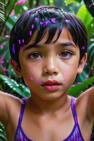 Phillipine little boy kid, preteen, short black hair, brown eyes, short_sleeves, short_pant, pov eye contact, pink lips, shy, sweaty, feminine, evening time, red & purple colorful scheme, jungle, ultra realistic 