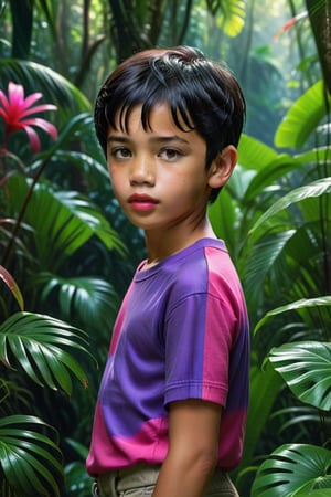 Phillipine little boy kid, preteen, short black hair, brown eyes, short_sleeves, short_pant, pov eye contact, pink lips, shy, sweaty, feminine, evening time, red & purple colorful scheme, jungle, ultra realistic, detailed_face