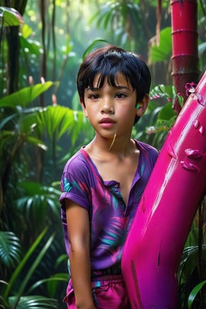 Phillipine little boy kid, preteen, short black hair, brown eyes, short_sleeves, short_pant, pov eye contact, pink lips, shy, sweaty, feminine, evening time, red & purple colorful scheme, jungle, ultra realistic 