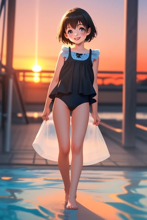 A 6 year old girl kid, black short_hair, innocent face with happy expression, water colored swimsuit, very shy, back home from playground, cinematic light, sunset golden hour, blurry_background, depth_of_field, full_body, 3d, ultra 8k