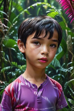 Phillipine little boy kid, preteen, short black hair, brown eyes, short_sleeves, short_pant, pov eye contact, pink lips, shy, sweaty, feminine, evening time, red & purple colorful scheme, jungle, ultra realistic, detailed_face