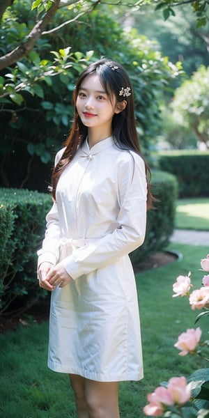 A graceful and beautiful Chinese girl in her twenties, exuding elegance and charm, with delicate features, wearing simple and stylish attire, long hair flowing, smiling in an elegant garden setting surrounded by lush greenery and blooming flowers. This high-quality image captures her natural beauty and grace, perfect for projects related to beauty, nature, or serenity. The shot showcases the girl's timeless beauty in a tranquil and picturesque garden.

