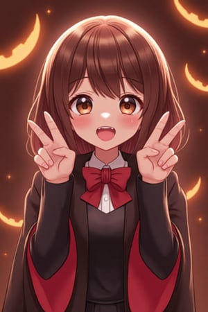 A cute girl is smiling at me, making a peace sign with both hands. It's a Halloween party. The girl is dressed as a vampire. She's a little blushing, perhaps because she's embarrassed, but her smile is radiant and beautiful. The party continues in a fun atmosphere all night long.,Anime style,1girl_Anime,beautiful_female_fingers