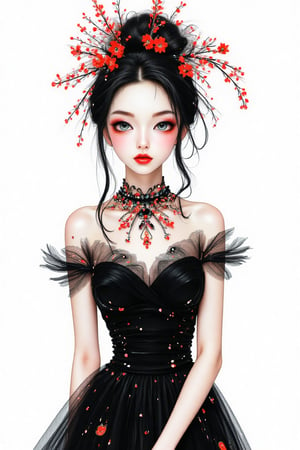 Chinese ink-style portrait of Chinese photographer Zhang Jingna, wearing a black dress, red lipstick, and an elegant face against a white background. A flat, high-definition illustration in the style of Chinese ink. --ar 71:129 --stylize 750,