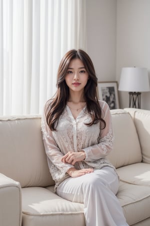 A serene woman sits elegantly on a plush white sofa, her dark hair flowing like silk over her shoulders. She wears a flowery shirt with a crisp white collar and delicate necklace. Her left hand rests on her hip, grounding her posture. The sofa's ruffles add tactile interest to the composition. Against the stark white backdrop, vertical blinds conceal the window, while a lamp shade and black-and-white photograph create visual intrigue beside her.