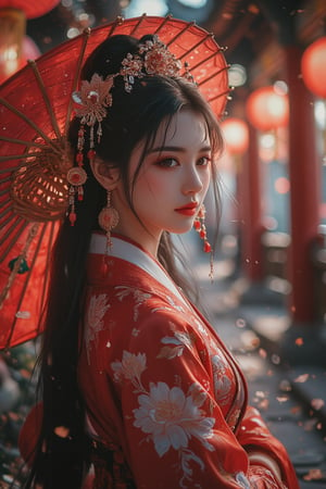 photorealism, (upper body), (portrait:1.2), KOLNB,Hanfu,Eroflo, a woman, beautiful face, red dress, japanese umbrella, bokeh, Chinese festival street, (nigh street:1.2), depth of field, columns, temple, lanterns.
Best quality, uhd, 8k, hyper detailed,Ahri