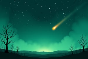 score_9, score_8_up, score_7_up, Expressiveh, (masterpiece: 1.2), illustration, Stars are scattered across the emerald sky. A small meteorite, spewing fiery smoke, descends from the upper right to the lower left. Here and there, only dry branches remain on small trees.