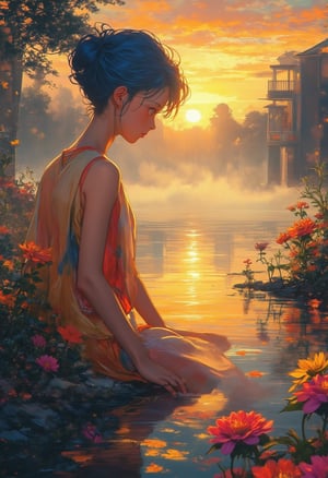 Capture the serene tranquility of dawn's arrival at a lakeside oasis where a woman with striking blue hair sits contemplatively by the water's edge, gazing into her reflection amidst delicate flower arrangements floating gently on the lake's surface. Soft golden light casts a warm glow across the landscape, accentuating the Akira-inspired intricate features and sharp lines of her peaceful expression. The stillness of the early morning is elevated by the misty veil rising from the lake, while the vibrant sunrise hues in the background harmonize with the serene atmosphere.