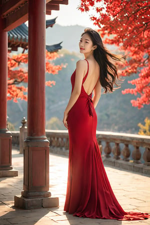 A serene afternoon setting: a stunning Korean woman stands effortlessly in a breathtaking long red dress, her raven locks cascading down her back. The warm sunlight illuminates her slender figure, accentuating her elegance as she wears an enigmatic smile. The atmosphere is alive with a gentle breeze and whispering wind, captured in a photorealistic image that exudes refinement.