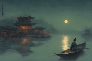 Oriental painting, calm waves on a lakeside, night, full moon on the left side of the sky, moonlight reflected on the lakeside, small boat floating on the lakeside, back view of a person sitting on the boat