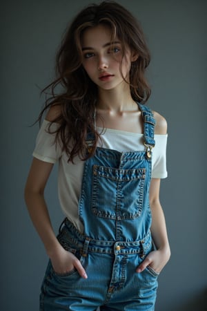 a girl wearing overalls poses for the camera, in the style of shige's visual aesthetic style, wavy, dark azure, minimalist beauty, slumped/draped, gongbi, frayed --ar 71:89 --stylize 750 --v 6,LyraEcho,lyraecho,cyberwoman,Midjourney_Whisper,hourglass body shape