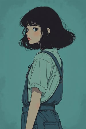 a girl wearing overalls poses for the camera, in the style of shige's visual aesthetic style, wavy, dark azure, minimalist beauty, slumped/draped, gongbi, frayed --ar 71:89 --stylize 750 --v 6,Muted Retro Colors Anime