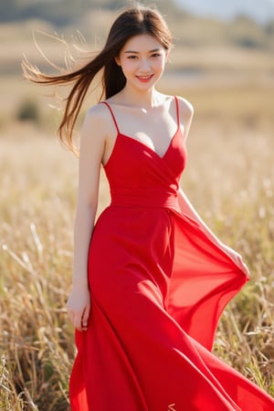 a beautiful Korean girl in a long red dress, long hair, a slender body, an elegant smile, a bright atmosphere, breeze wind, photo-realistic,futuremadness