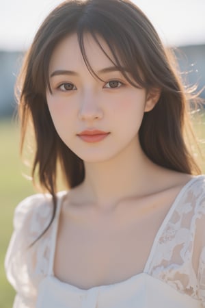 A Korean woman with a soft smile, sapphire blue eyes that draw people in, a white blouse and miniskirt, a cute and lovely face, a gentle breeze blowing behind the background and soft sunlight