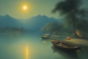 Oriental painting, calm waves on a lakeside, night, full moon on the left side of the sky, moonlight reflected on the lakeside, small boat floating on the lakeside, back view of a person sitting on the boat