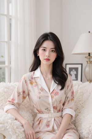 A serene woman sits elegantly on a plush white sofa, her dark hair flowing like silk over her shoulders. She wears a flowery shirt with a crisp white collar and delicate necklace. Her left hand rests on her hip, grounding her posture. The sofa's ruffles add tactile interest to the composition. Against the stark white backdrop, vertical blinds conceal the window, while a lamp shade and black-and-white photograph create visual intrigue beside her.