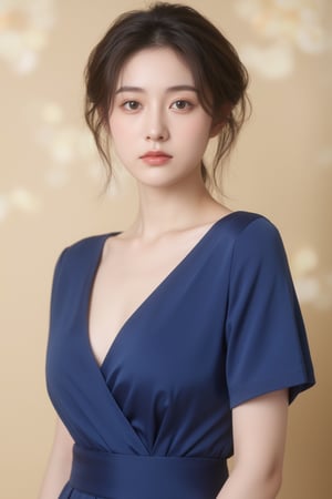 A serene Korean woman stands confidently against a soft focus, creamy background, her piercing blue eyes, reminiscent of sapphire gemstones, shining with an inner radiance. The gentle, diffused lighting highlights her porcelain complexion, emphasizing subtle features. Her gaze, direct and unwavering, conveys excellence as she meets the camera's lens, exuding poise and confidence in a stunning blue dress, with intricate details on her face.