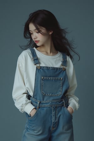 a girl wearing overalls poses for the camera, in the style of shige's visual aesthetic style, wavy, dark azure, minimalist beauty, slumped/draped, gongbi, frayed --ar 71:89 --stylize 750 --v 6,charcoal \(medium\)