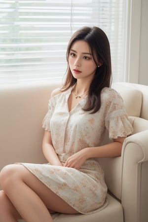 A serene woman sits elegantly on a plush white sofa, her dark hair flowing like silk over her shoulders. She wears a flowery shirt with a crisp white collar and delicate necklace. Her left hand rests on her hip, grounding her posture. The sofa's ruffles add tactile interest to the composition. Against the stark white backdrop, vertical blinds conceal the window, while a lamp shade and black-and-white photograph create visual intrigue beside her.