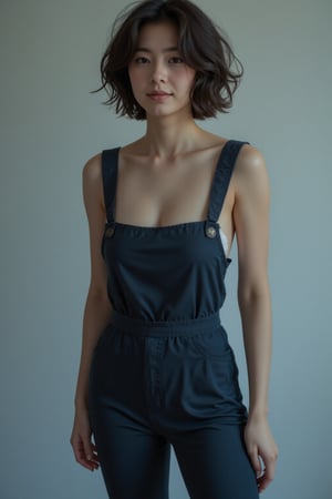 a girl wearing overalls poses for the camera, in the style of shige's visual aesthetic style, wavy, dark azure, minimalist beauty, slumped/draped, gongbi, frayed --ar 71:89 --stylize 750 --v 6,LyraEcho,lyraecho,cyberwoman,Midjourney_Whisper,hourglass body shape