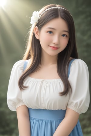 A Korean woman with a soft smile, sapphire blue eyes that draw people in, a white blouse and miniskirt, a cute and lovely face, a gentle breeze blowing behind the background and soft sunlight