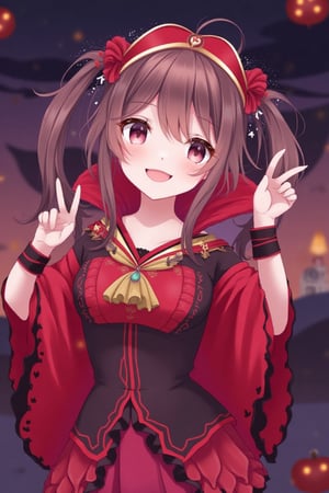 A cute girl is smiling at me, making a peace sign with both hands. It's a Halloween party. The girl is dressed as a vampire. She's slightly blushing, perhaps because she's embarrassed, but her smile is radiant and beautiful. The party continues in a fun atmosphere all night long.1girl_Anime,beautiful_female_fingers, Japanese pattern