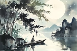 Oriental painting, calm waves on a lakeside, night, full moon on the left side of the sky, moonlight reflected on the lakeside, small boat floating on the lakeside, back view of a person sitting on the boat, ink-painting