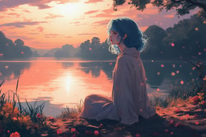 Capture the serene tranquility of dawn's arrival at a lakeside oasis where a woman with striking blue hair sits contemplatively by the water's edge, gazing into her reflection amidst delicate flower arrangements floating gently on the lake's surface. Soft golden light casts a warm glow across the landscape, accentuating the Akira-inspired intricate features and sharp lines of her peaceful expression. The stillness of the early morning is elevated by the misty veil rising from the lake, while the vibrant sunrise hues in the background harmonize with the serene atmosphere.,anime