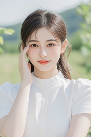 A Korean woman with a soft smile, sapphire blue eyes that draw people in, a white blouse and miniskirt, a cute and lovely face, a gentle breeze blowing behind the background and soft sunlight